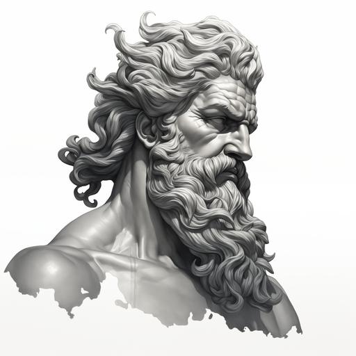black and grey illustrated, picture, realistic Poseidon, on a white background head and shoulder shot side view
