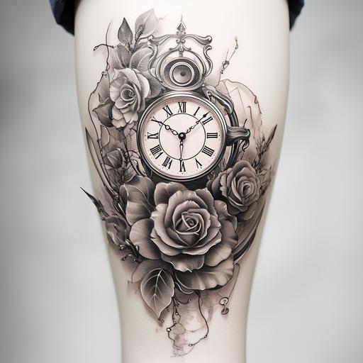 black and grey tattoo idea for womans thigh. two roman numeral clock layouts staggered and transparently overlayed infront of roses, lilys and folliage