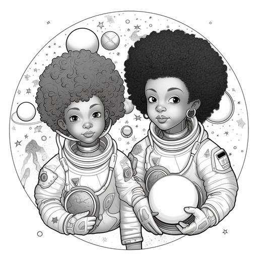 black and mainly white coloring book. Front Disney-style cartoon space sisters. young black brothers. They have Afro hair. They have space clothing on. Playing around in space