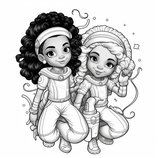 black and mainly white coloring book. Front Disney-style cartoon space sisters. young black girls. They has long hair. They have space clothing on. Playing with dolls