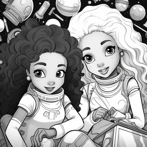 black and mainly white coloring book. Front Disney-style cartoon space sisters. young black girls. They has long hair. They have space clothing on. Playing with dolls