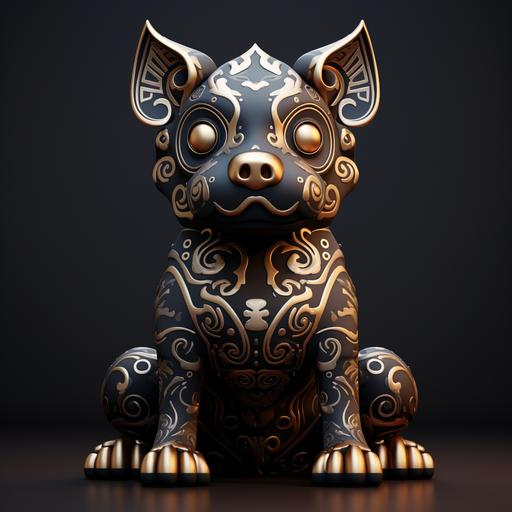 black and ornamented porcelain figurine by nikools, in the style of vray tracing, simplified dog figures, metallic textures, digital art techniques, maori art, intricate illustrations, dark navy and brown --s 50