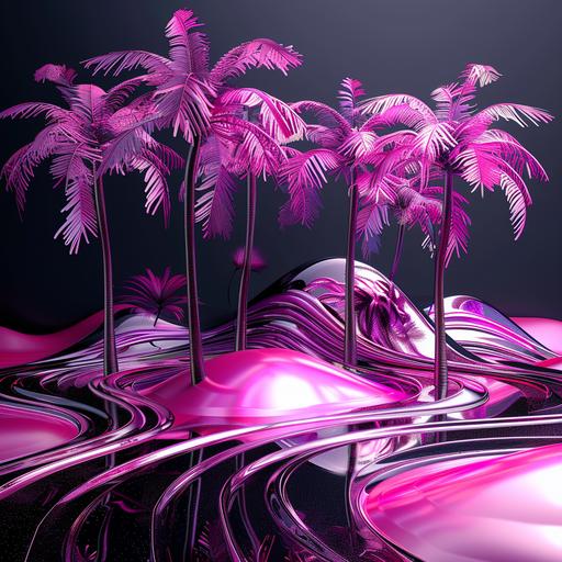 black and pink background, 3d neon palm trees, 3d waves of sugar, bright colors, ratio 16:9