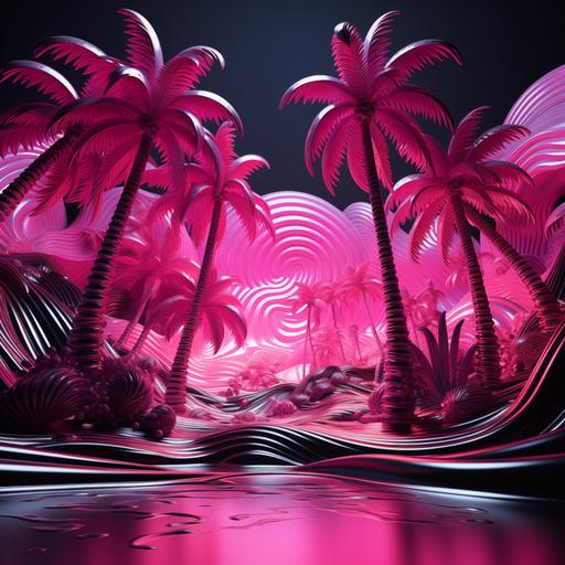 black and pink background, 3d neon palm trees, 3d waves of sugar, bright colors, ratio 16:9