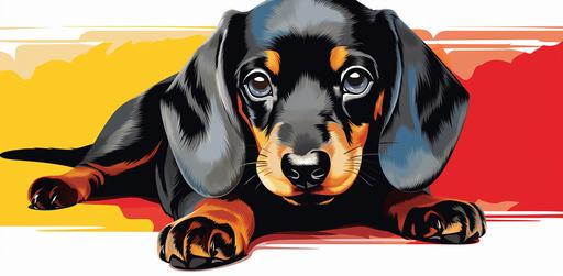 black and red dachshund puppy character in the style of vibrant colours, smilecore, intertwining materials, emphasis on facial expression, crossed colors, bone, whirly --ar 75:37
