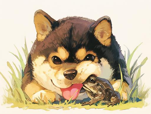 black and tan Shiba Inu licking a toad --ar 4:3 --niji 6