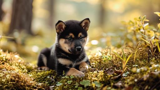 black and tan Shiba Inu puppy lost in a Carboniferous forest --ar 16:9 --v 6.0