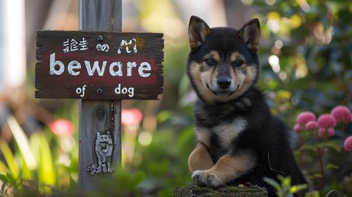 black and tan Shiba Inu puppy standing next to a sign that says 