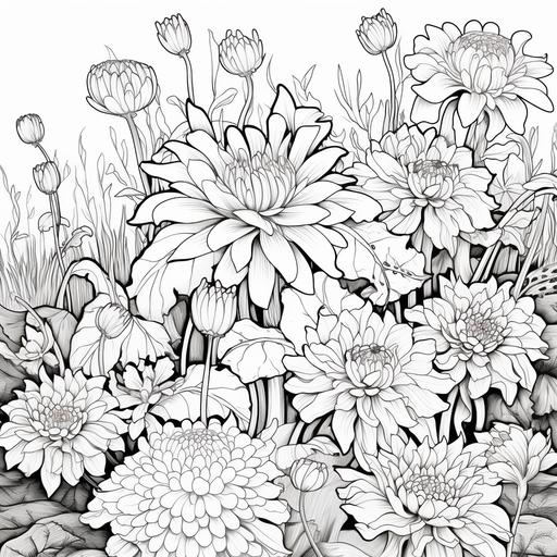 black and white – line art – image for coloring – a garden a garden with an endless field of chrysanthemum, orchid, cherry blosson, anemone, clean line [Black outline, vector art, clean lines, toon edge outline]