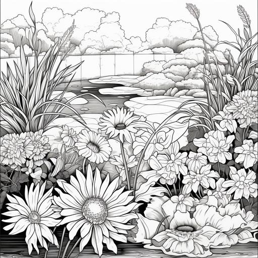 black and white – line art – image for coloring – a garden a garden lansdcape with an endless field of chrysanthemum, orchid, cherry blosson, anemone, clean line [Black outline, vector art, clean lines, toon edge outline]