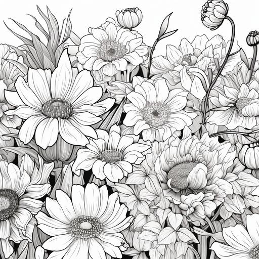 black and white – line art – image for coloring – a garden a garden lansdcape with an endless field of chrysanthemum, orchid, cherry blosson, anemone, clean line [Black outline, vector art, clean lines, toon edge outline]
