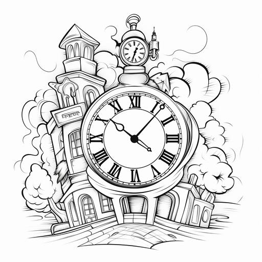 black and white Coloring book page for kids, very low detail, no shadow, white background, cartoon style, christmas clock--ar 9:11