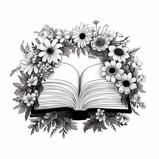 black and white, a book surrounding a floral wreath, cartoon