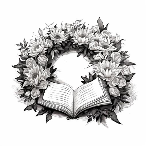 black and white, a book surrounding a floral wreath, cartoon