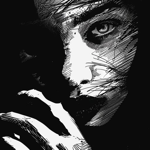 black and white abstract style comic like womans half face looking close up at her hand as she can see the vains through the skin on her hand bold black and white only --v 6.0