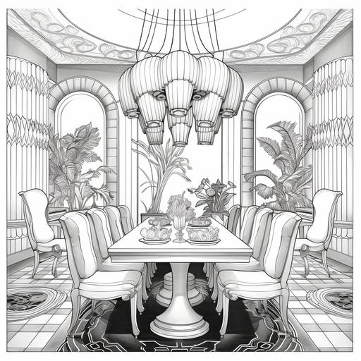 black and white adult coloring book pages 1920s art deco dining room table and chairs with giant chandelier candles on the table set for a meal