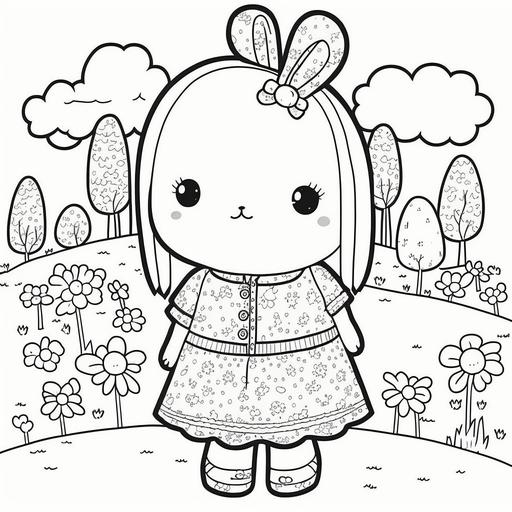 black and white bunny cartoon children coloring page --v 4
