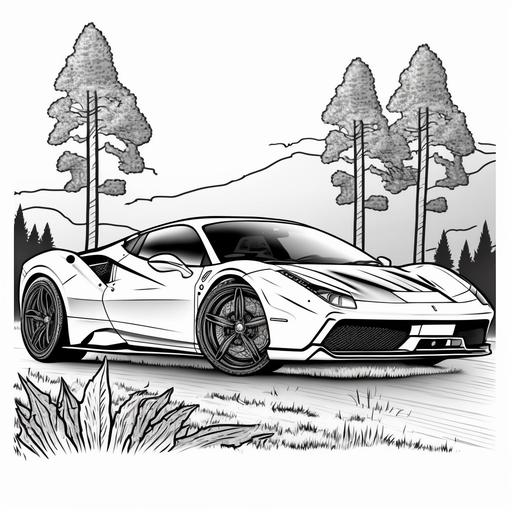 black and white, cartoon Car, Ferrari 488 Pista, coloring page --v 4