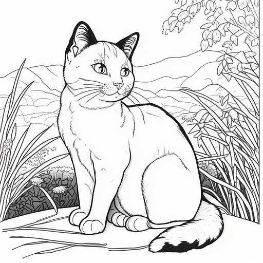 black and white cartoon cat, for a coloring page for kid, outlined art, furry art
