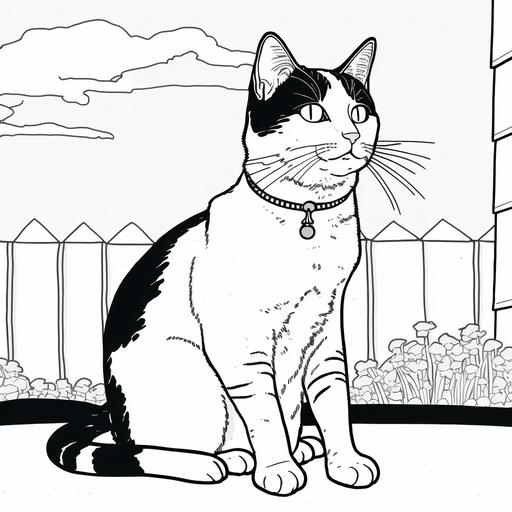 black and white cartoon cat, for a coloring page for kid, outlined art, furry art