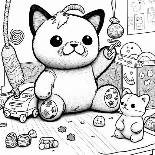black and white cartoon cat playing with toys, for a coloring page for kid, outlined art, furry art