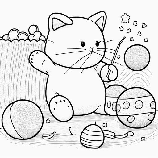 black and white cartoon cat playing with toys, for a coloring page for kid, outlined art, furry art