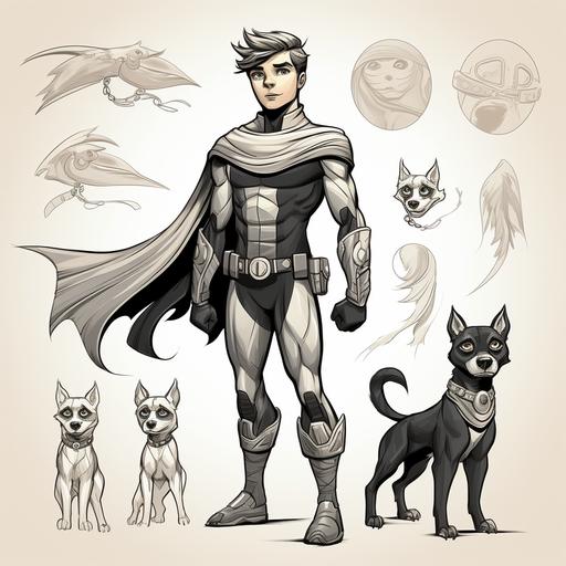 black and white character design sheet drawing of a silver age style vigilante martial artist dog theme costumed male boy superhero, child, stoic