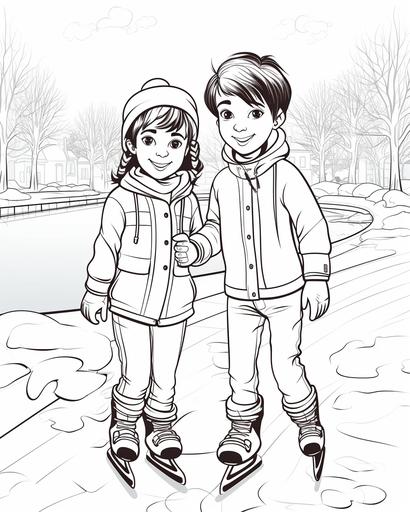 black and white coloring book for kids, minimal shading, Kids ice skating on a frozen pond, --ar 4:5