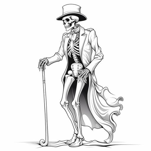 black and white coloring book illustration no shading of a skeleton with a top hat, cane, and cape in the likeness of the Johnny walker logo side view full length