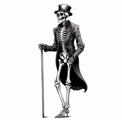 black and white coloring book illustration no shading of a skeleton with a top hat, cane, and cape in the likeness of the Johnny walker logo side view full length