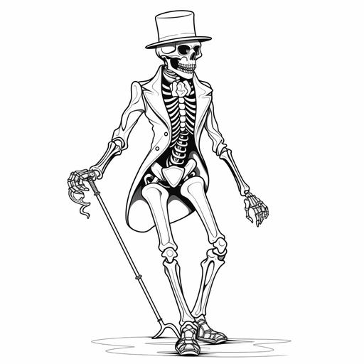 black and white coloring book illustration, thick lines, no shading of a skeleton with a top hat, cane, and cape in the likeness of the Johnny walker logo side view full length