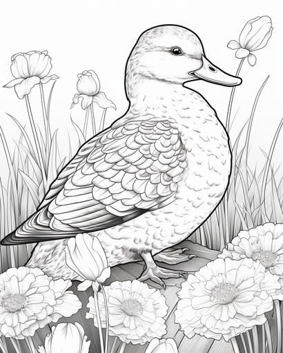 black and white coloring book page, minimal shading, Northern Shoveler bird in a field of Marigolds, --ar 4:5