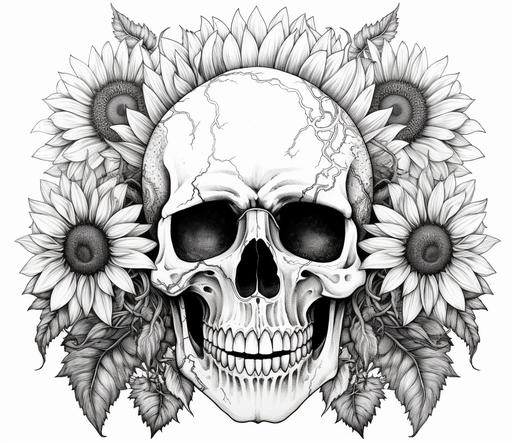 black and white coloring book page, skull with sunflowers covering half of skull, white background, no shading, outline, 8k --ar 37:32 --v 5.1