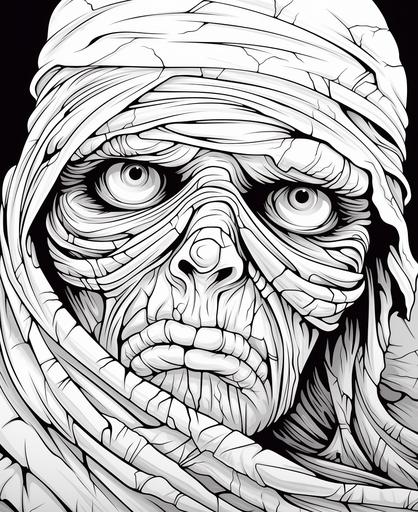 black and white coloring book thick lines no shading cartoon style less detail mummy halloween --ar 9:11
