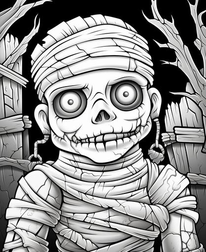 black and white coloring book thick lines no shading cartoon style less detail mummy halloween --ar 9:11
