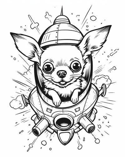 black and white coloring image for kids cartoon style on white background Chihuahua puppy running through a spaceship --ar 8:10 --v 5 --s 750