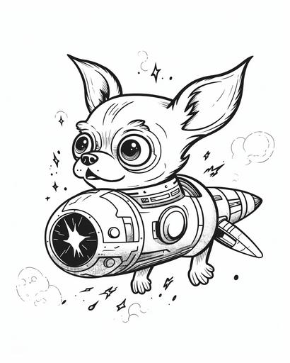 black and white coloring image for kids cartoon style on white background Chihuahua puppy running through a spaceship --ar 8:10 --v 5 --s 750