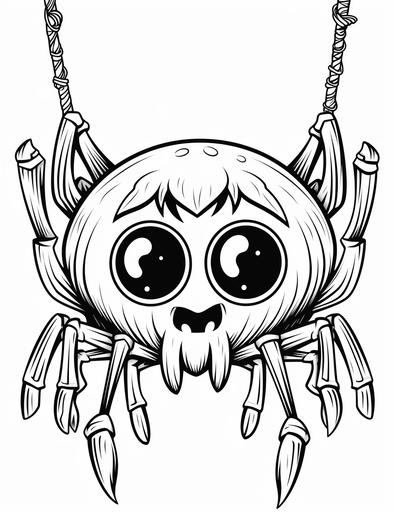 black and white coloring page, cute monster spider, hanging from web, cartoon style, thick lines, low detail, black and white, no shading, --ar 85:110