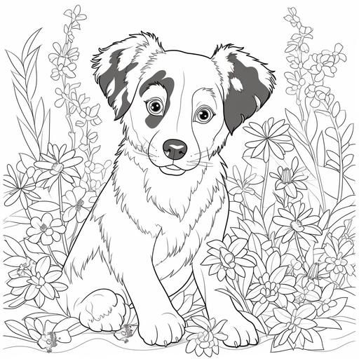 black and white coloring page for kids, cartoon style, Australian shepherd puppy playing in some flowers, bold lines, no shading v5 --v 5.0