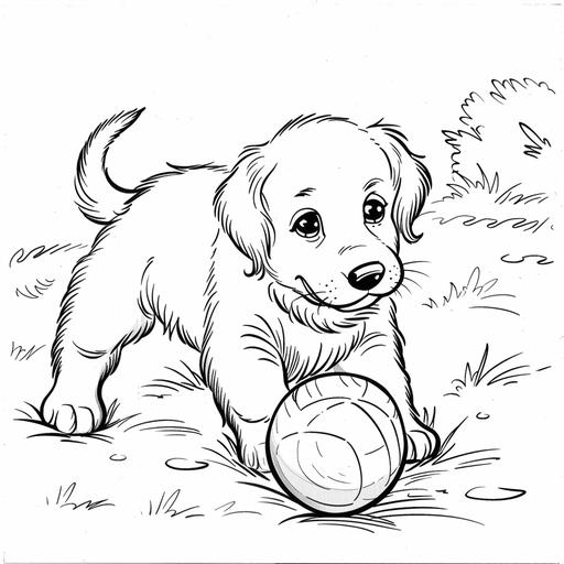 black and white coloring page for kids cartoon style cute golden retriever puppy playing with a big ball--ar 4:5 --v 6.0 --style raw