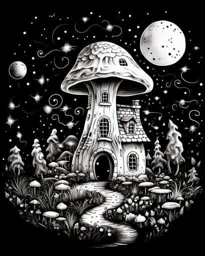 black and white coloring page, mushroopm house at night, black background with tiny stars and a moon visible, --ar 4:5