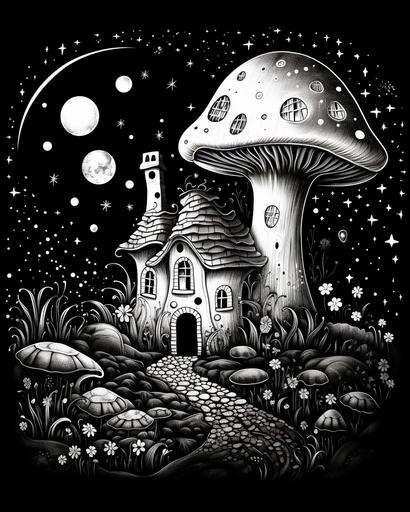 black and white coloring page, mushroopm house at night, black background with tiny stars and a moon visible, --ar 4:5