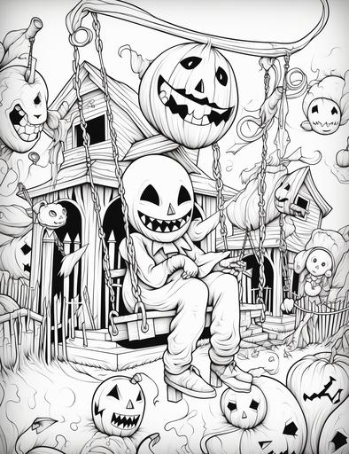 black and white coloring pages for kids, Ghosts swinging on swings, sliding down slides, and playing on a playground, cartoon style, thick lines, low detail, no shading, --ar 85:110