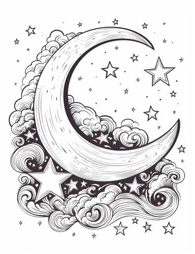 black and white coloring pages for kids, Moonlit Night with stars and crescent moon, cartoon style, thick lines, low detail, no shading, --ar 85:110
