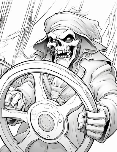 black and white coloring pages for kids, ghost pirate holding steering wheel on a ghost ship, cartoon style, thick lines, low detail, no shading, --ar 85:110