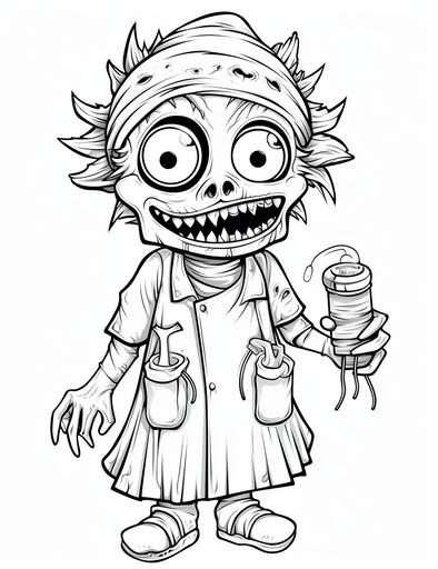 black and white coloring pages for kids, monster nurse, cartoon style, thick lines, low detail, no shading, --ar 85:110