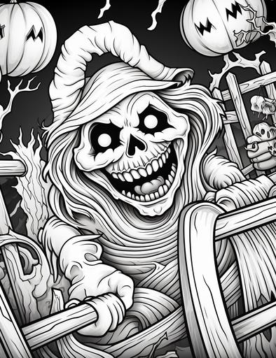 black and white coloring pages for kids, spooky hayride through a haunted forest, sliding down slides, and playing on a playground, cartoon style, thick lines, low detail, no shading, --ar 85:110
