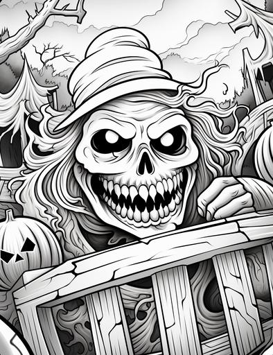 black and white coloring pages for kids, spooky hayride through a haunted forest, sliding down slides, and playing on a playground, cartoon style, thick lines, low detail, no shading, --ar 85:110