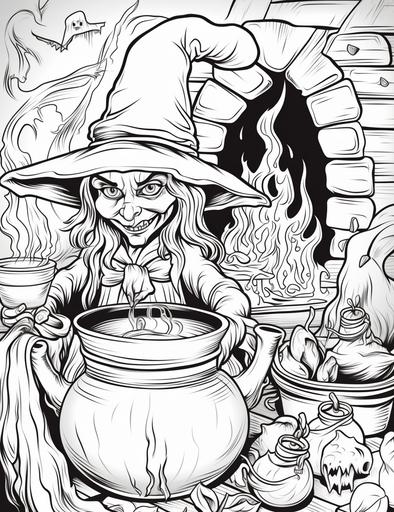black and white coloring pages for kids, ugly witch mixing large cauldron filled with potion, cartoon style, thick lines, low detail, no shading, --ar 85:110