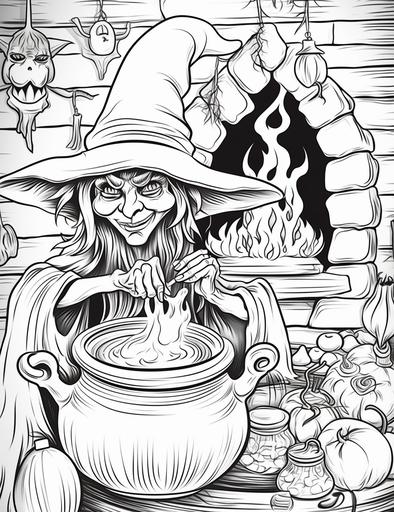 black and white coloring pages for kids, ugly witch mixing large cauldron filled with potion, cartoon style, thick lines, low detail, no shading, --ar 85:110